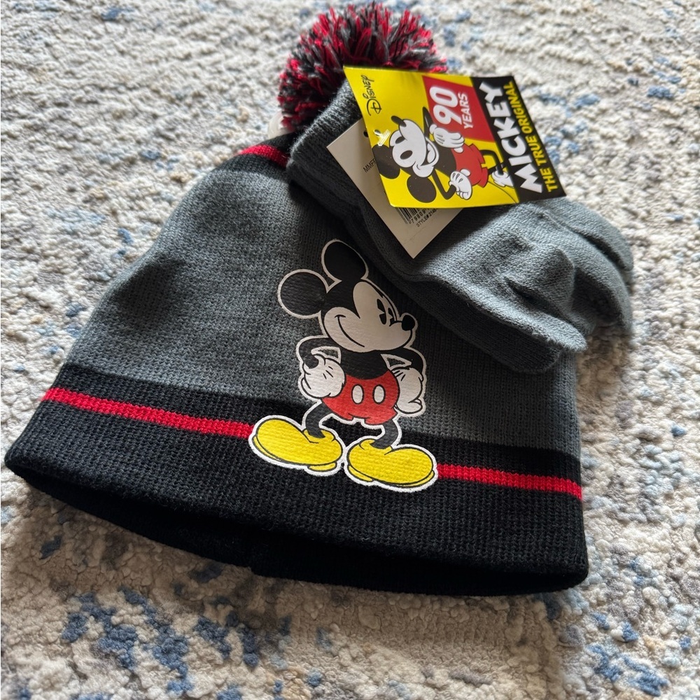 Disney Mickey Mouse Kids Gray, Black & Red Pom Beanie NWT!
